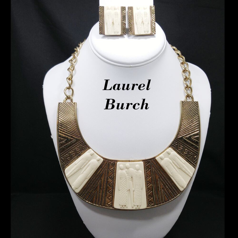 Laurel Burch Ebony & Ivory Tribal Necklace & Clip Earrings Set Rare